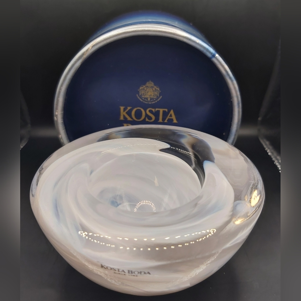 Kosta Boda White Swirl Candle Holder in original box